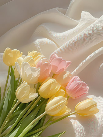 Beautiful tulips on the white cloth background. Toned.の写真素材