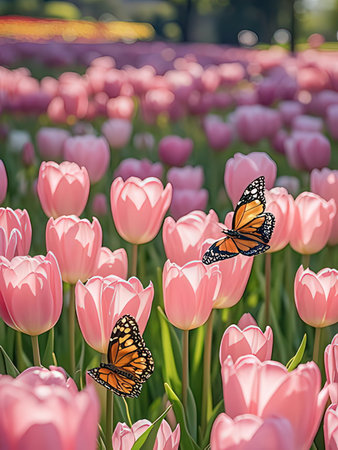 Tulips and butterfly in Keukenhof park in Netherlandsの写真素材
