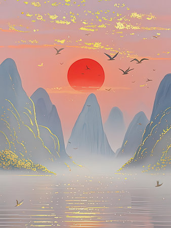 Mountain landscape with a lake and a sunset. Vector illustration.の写真素材