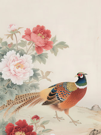 Pheasant and peony flowers. Greeting card.