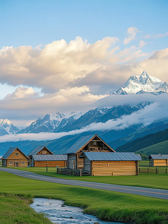 Wooden cabins on the meadow and snow-capped mountains in the backgroundの写真素材