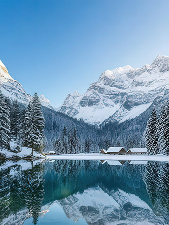 Beautiful winter landscape with alpine lake and mountains reflected in water