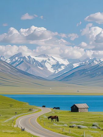 Mongolian landscape with road and horses in grassland.