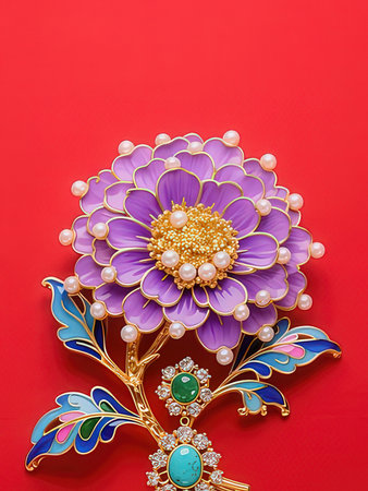 Beautiful flower brooch with precious stones on a red background.