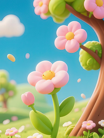 3d rendering of pink flowers in the meadow with sky backgroundの写真素材