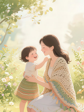 Mother and daughter in the park. Mother's day concept. Vector illustration.の写真素材