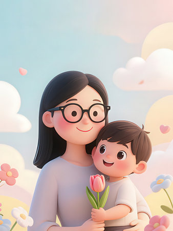 Mother and son with tulip flowers in the sky, 3d illustration