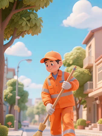 the character is cleaning the street. 3d rendering, illustration.の写真素材