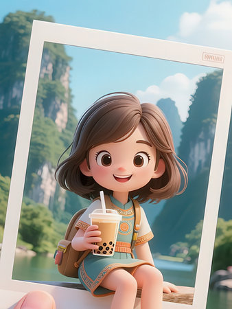 cute little girl drinking coffee in the park. 3d rendering