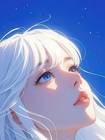 Illustration of a pretty girl with blue eyes on a blue sky background