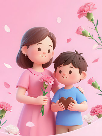 Mother and son holding a heart shaped chocolate candy with flowers on pink background