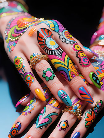 Closeup of female hands with colorful boho manicure on nails.の写真素材