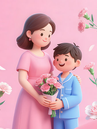 Pregnant woman and her son with flowers on a pink backgroundの写真素材