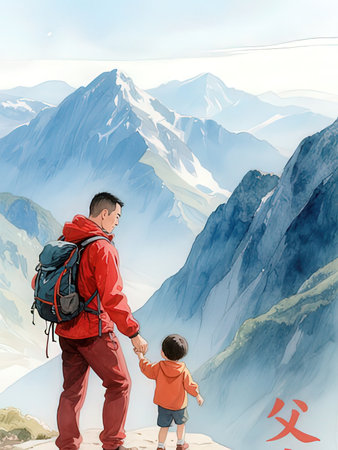 Father and son hiking in the mountains. Traveling with children conceptの写真素材
