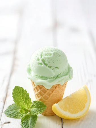Scoops of ice cream with mint and lemon on white wooden backgroundの写真素材