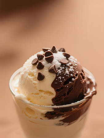vanilla ice cream with chocolate chips in a glass on brown backgroundの写真素材