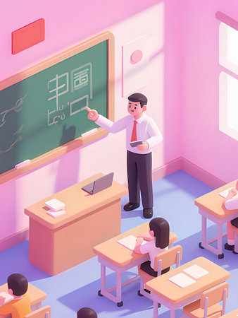 Teacher and pupils in classroom. Vector illustration in cartoon style.の写真素材