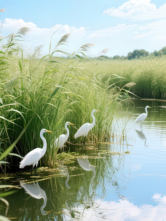 White egrets in the lake with blue sky and white clouds.