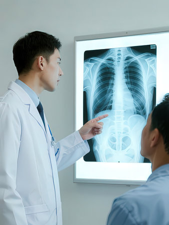 Doctor pointing at x-ray image of patient in the hospital.