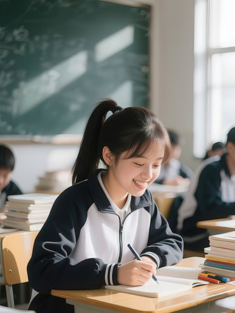 Portrait of happy asian high school student in classroom, education conceptの写真素材