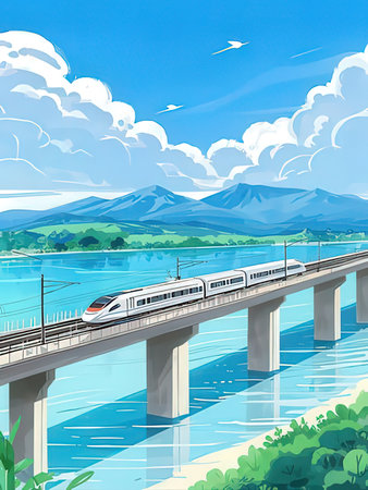 High-speed train on the bridge over the lake. Vector illustration