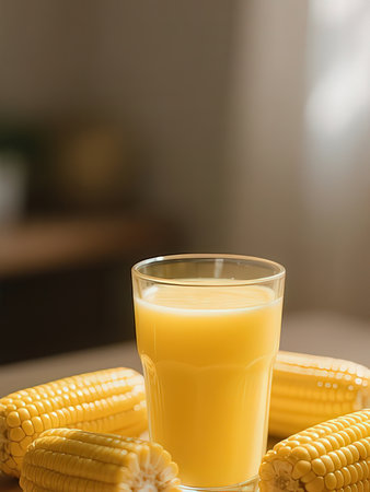 Glass of fresh corn juice on table in kitchen. Healthy drink.