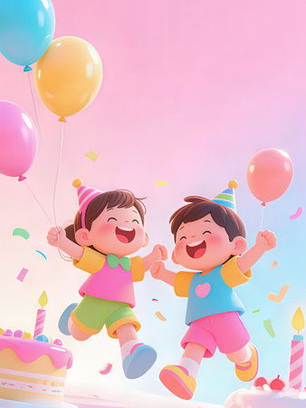Happy boy and girl jumping with balloons and cake on the sky backgroundの写真素材