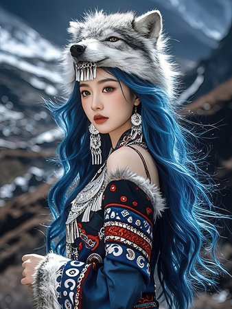 3D illustration of a beautiful girl with blue hair and wolf costume