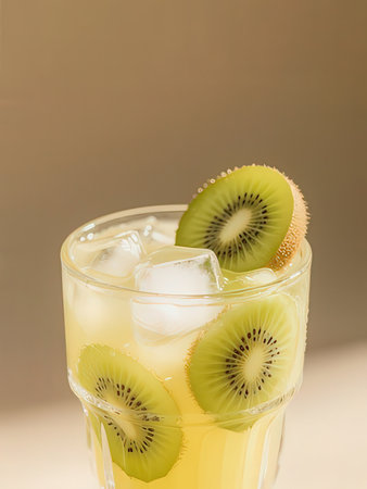 kiwi cocktail with ice cubes and kiwi fruit on brown backgroundの写真素材