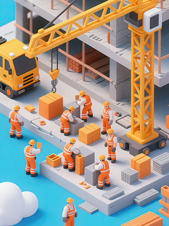 Construction site with crane and workers 3d isometric vector illustration.
