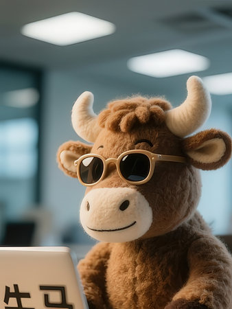 Cow wearing sunglasses and using a laptop in the office, stock photo