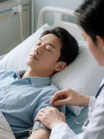 asian male patient lying on hospital bed while doctor using stethoscope