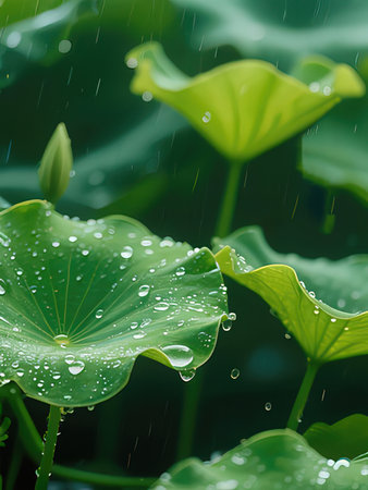 water drop on lotus leaf with rain drop on green nature backgroundの写真素材