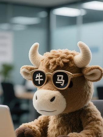 Cute toy bull wearing sun glasses sitting in a chair at officeの写真素材