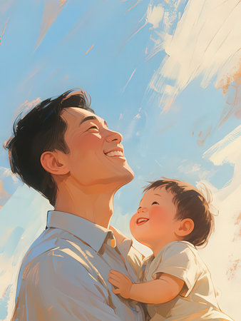 Happy asian father with his son in the blue sky background.の写真素材