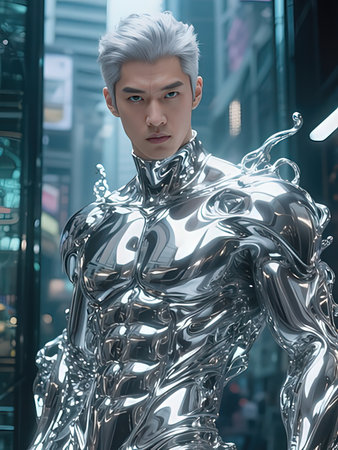 3D rendering of a male robot in a futuristic city environment.の写真素材