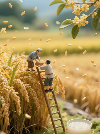 Miniature people farmer in rice field. Concept of farming and agriculture.の写真素材