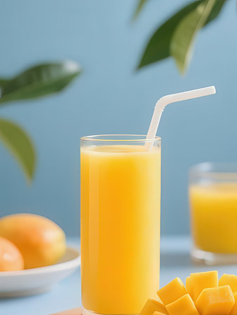 mango juice in a glass with a straw on a blue background