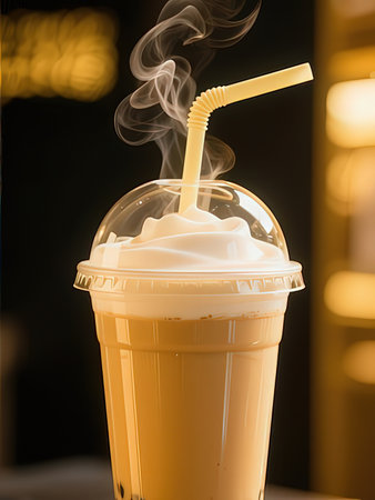 Iced coffee in plastic cup on table in cafe, stock photo
