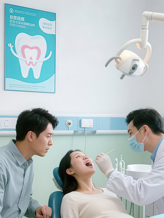 asian male dentist and female patient in dental clinic, healthy teeth