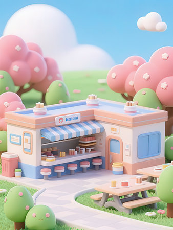 3D render of a cafe in the park with pink flowers.
