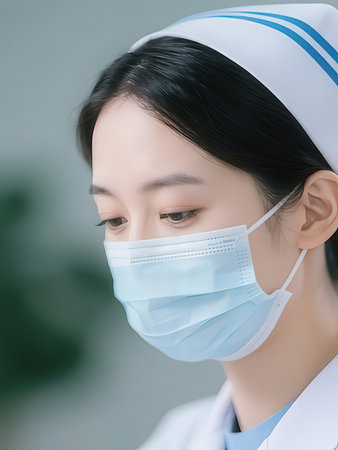 asian female nurse wearing a mask and looking at camera in hospital