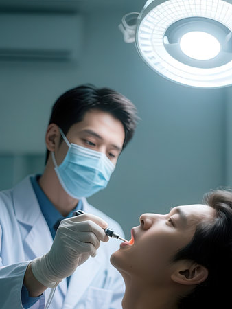 Asian male dentist and patient in dental clinic. Dentistry concept.の写真素材