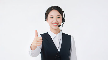 asian call center operator with headset showing thumbs up on white background