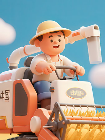 farmer with combine harvester in the field. 3d illustrationの写真素材