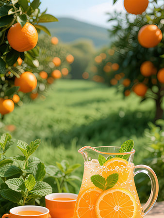 Orange juice in a glass jug on the background of oranges in the garden