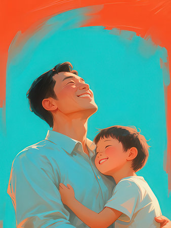 Happy father and son hugging each other on the background of a painted wallの写真素材