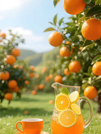 Orange juice in a jug on the background of oranges in the garden