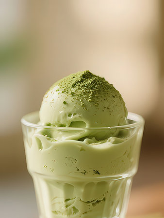 Green tea ice cream in a glass, close-up, selective focus