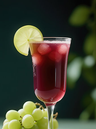 Cocktail with grapes and lime on a dark green background.の写真素材